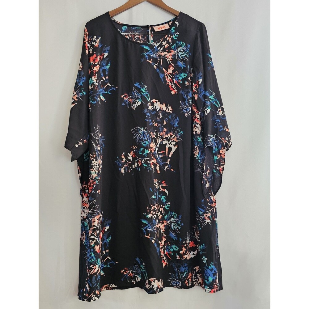 EVRI Women’s Plus Size 1X Black Floral Print Kimono Sleeve Shift Dress